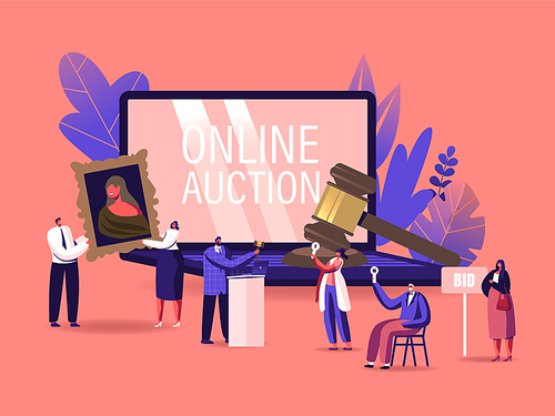 Online Auction Concept. Auctioneer, People Collectors Buying Assets in Internet. Tiny Male and Female Characters at Huge Laptop and Gavel Holding and Rising Bid Boards. Cartoon Vector Illustration