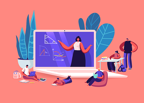 Online School Education Concept. Kids Characters Quarantine Distant Studying . Children Sitting around of Huge Laptop with Teacher Explain Geometry Lesson on Screen. Cartoon People Vector Illustration