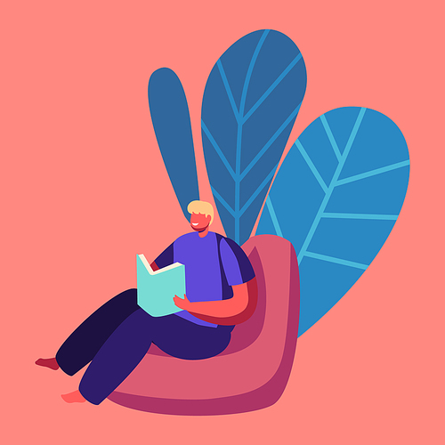 Online School Concept. Schoolboy Character Sitting in Beanbag Reading Textbook. Homeschooling Education at Home Concept. Distant Learning Process Domestic Studying. Cartoon Vector Illustration