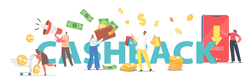 Cash Back Concept. Happy People Getting Money Refund for Shopping and Purchasing in Store. Male and Female Characters Use Cashback App Service Poster, Banner or Flyer. Cartoon Vector Illustration
