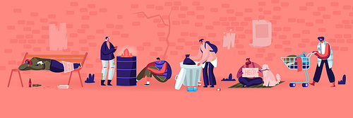 Male and Female Beggars Characters Wearing Ragged Clothing Pick Up Garbage on Street to Shopping Cart, Homeless Adult Poor People, Bums Begging Money and Need Help Cartoon Flat Vector Illustration