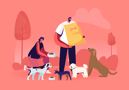 Friendly Male and Female Volunteer Characters Feeding Dogs in Animal Shelter or Pound. Young Woman Giving Food to Homeless Puppies in Bowl, Man Hold Nutrition Package Cartoon Flat Vector Illustration