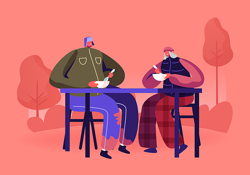 Charity Volunteering and Donation Concept. Man and Woman Beggars Sitting at Table in City Park Eating Warm Food. Social Support to Homeless People Living on Street. Cartoon Flat Vector Illustration