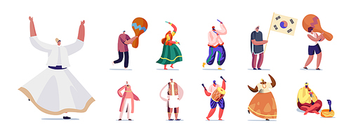 Set of People in Authentic National Costumes with Music Instruments. Male and Female Characters Dancing, Playing Music and Perform Show Isolated on White Background. Cartoon Vector Illustration