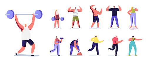 Set of Male and Female Characters Doing Sport. Men or Women Exercising with Barbell, Run, Posing, Show Perfect Body and Weigh on Scales Isolated on White Background. Cartoon People Vector Illustration