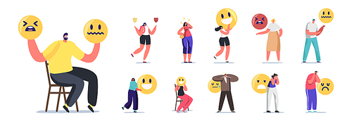Set of People Express Different Emotions. Male and Female Characters with Yellow Smiles Feel Happiness, Sadness or Anxiety, Facial Feelings Isolated on White Background. Cartoon Vector Illustration