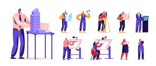 Set of Male and Female Characters Building and Engineering Construction Works. Men and Women Architect Engineer Working on House Model Project Painting Plan on Blueprint. Cartoon People Illustration