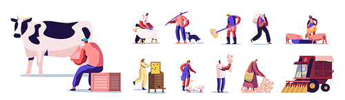 Set of People Doing Farming Job as Feeding Domestic Animals, Milking Cow, Shearing Sheep, Prepare Hay for Livestock. Male and Female Farmer Characters Working with Cattle. Cartoon Vector Illustration