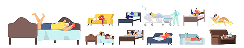 Set People in Bed. Male and Female Characters Sleeping at Home and Nap in Hotel, Reading Book and Relax on Resort on Sun Lounger, Clinic Couch Isolated on White Background. Cartoon Vector Illustration