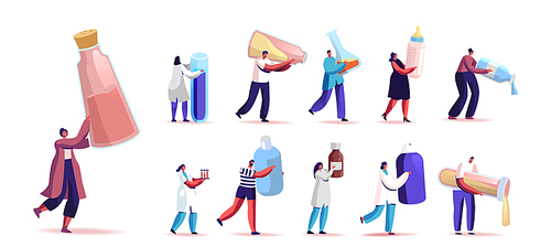 Set of People with Different Liquids in Bottles, Tubes and Flasks. Tiny Male and Female Characters Hold Medicine, Baby Milk, Chemical Reagents Isolated on White Background. Cartoon Vector Illustration