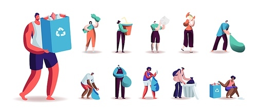 Set of Male and Female Characters Collecting Trash for Recycling. Men and Women Volunteers Clean Up Wastes into Bags for Ecology Protection Isolated on White Background. Cartoon People Illustration