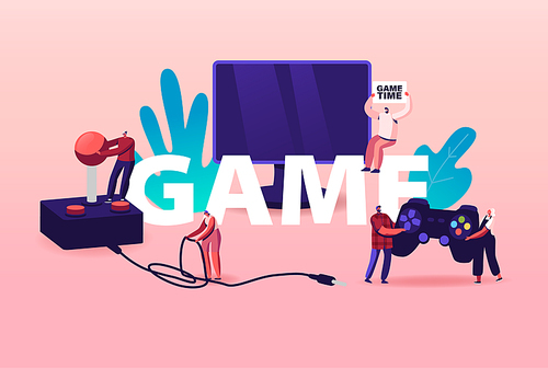 Computer Games Concept. Tiny Characters with Huge Console and Joystick at Tv Screen. Leisure, Gaming Addiction, Sparetime, Virtual Reality Poster Banner Flyer. Cartoon People Vector Illustration