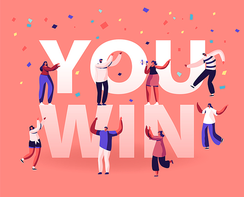 You Win Concept. Cheerful People Laughing Dancing and Celebrating with Hands Up. Employees Rejoice for New Project Success and Victory Poster Banner Flyer Brochure. Cartoon Flat Vector Illustration