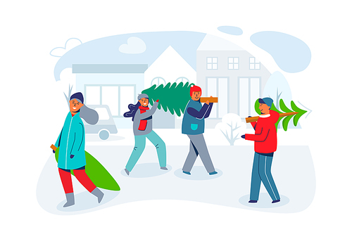 Happy People Carries Christmas Trees. Characters on New Year and Merry Christmas. Preparing for Winter Holidays. Greeting Card. Vector illustration