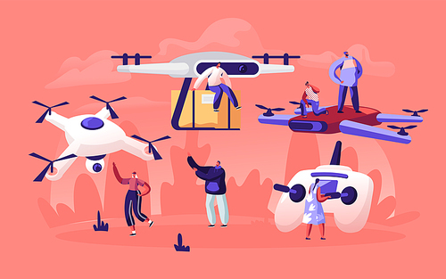 People Playing and Using Drones for Post Mail Delivery. Quadrocopter Remote Aerial Drone with Camera Taking Photography or Video Recording Game Futuristic Technologies Cartoon Flat Vector Illustration