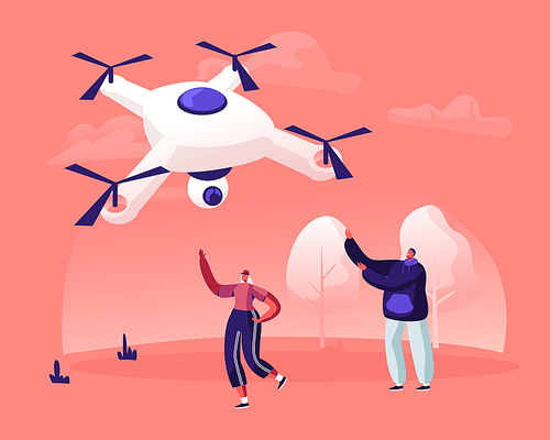 Happy Young Couple of Man and Woman Waving Hands to Flying in Sky Drone with Video Camera on Summer Rural Nature Landscape Background. People Looking on Quadcopter Cartoon Flat Vector Illustration