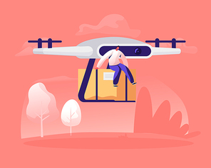 Tiny Male Character Sitting on Parcel Box Delivering with Drone by Air on Summer Landscape Nature Background. Futuristic Technologies in Post Mail and Shipping Service Cartoon Flat Vector Illustration