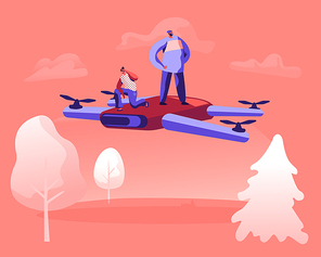 Tiny Male and Female Characters Flying by Huge Drone above Beautiful Summer Nature Landscape Background Observing Area around. Happy People Piloting Modern Quadcopter. Cartoon Flat Vector Illustration