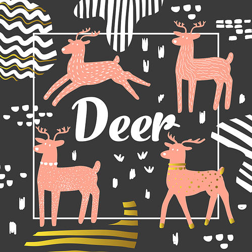 Cute Deers Hand Drawn Design. Childish Animals Background for Poster, Greeting Card, Decoration, Cover. Vector illustration
