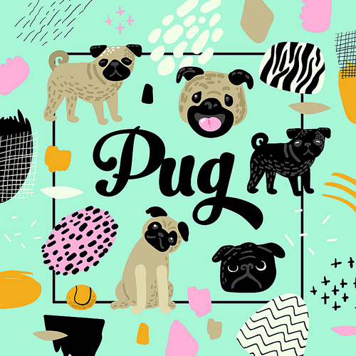 Cute Dogs Design. Childish Background with Pug Puppies and Abstract Elements. Baby Freehand Doodle for Cover, Decor. Vector illustration