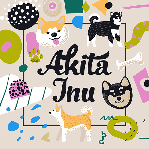 Cute Dogs Design. Childish Background with Akita Inu and Abstract Elements. Baby Freehand Doodle for Covers, Decor. Vector illustration