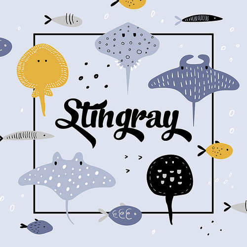 Cute Underwater Creatures Design. Creative Childish Background with Fish and Stingray for Cover, Decoration, Prints. Vector illustration