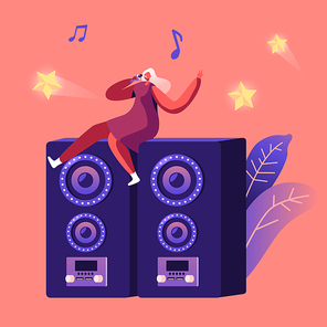 Entertainment Leisure and Recreation Hobby Concept. Cheerful Woman Sitting on Huge Dynamics on Stage Holding Microphone and Singing Song at Karaoke Bar or Night Club. Cartoon Flat Vector Illustration