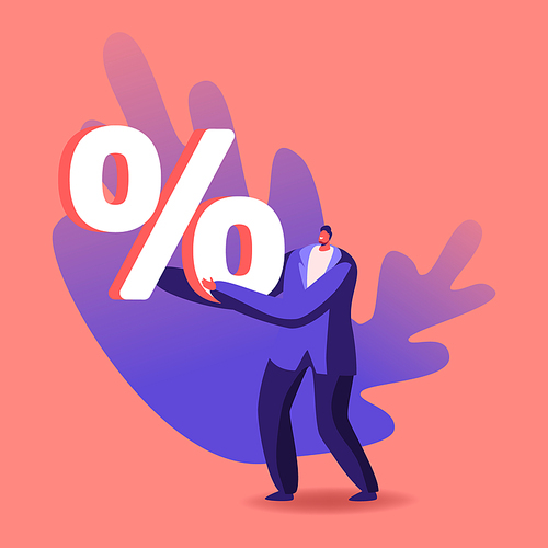 Male Character Walking with Huge Percent Symbol in Hands, Banking Credit, Loan Contract, Debt or Bank Offer, Sale or Discount Shopping Concept. Man Finance and Savings. Cartoon Vector Illustration