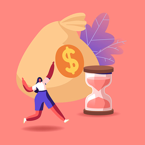 Tiny Cheerful Female Character Running near Huge Money Sack and Hourglass. Profit Savings and Investment, Loan Contract, Dollar Currency Saving, Bank Debt or Deposit. Cartoon Vector Illustration