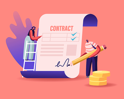 People Make a Deal Agreement, Checking and Signing Loan Contract. Tiny Characters Standing at Huge Paper Document with Money Scatter around. Man with Pen Put Signature. Cartoon Vector Illustration