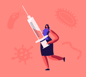 Vaccination, Microbes and Bacteria Diseases Concept. Female Character Carry Huge Syringe with Antibiotic Medicine for Illness Treatment, Various Viruses Flying around. Cartoon Flat Vector Illustration