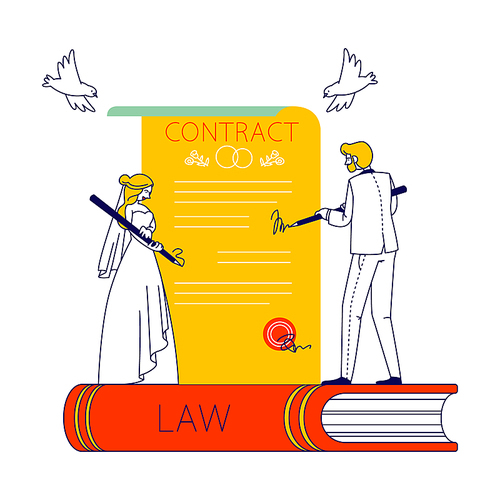 Tiny Couple of Bride and Groom Characters Stand on Huge Law Book Signing Marriage Contract with Pens. Bridal Ceremony, Notary Formalities, Registration Certificate. Linear People Vector Illustration