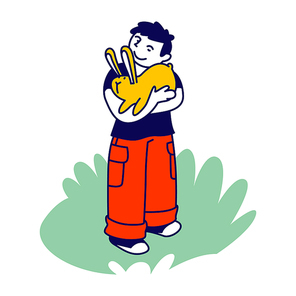 Happy Boy Character Hugging Cute Little Rabbit in Farm Zoo. Care of Animals, Excursion to Ranch or Village Farmyard, Summer Spare Time, Leisure. Communication with Animals. Linear Vector Illustration