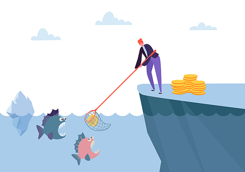 Hard Competition Making Money Profit. Woman Character Catching Dollar Coin From Sea full of Danger Fish Metaphor. Flat Cartoon Vector Illustration