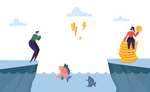 Dangerous Complicated Way to Money Profit. Man Character Jump over Sea full of Angry Fish. Hard Way to Prosperity Metaphor Concept. Flat Cartoon Vector Illustration