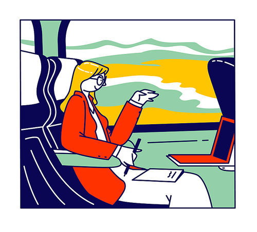 Business Trip, Working Transportation Concept. Businesswoman Character Sitting in Bus at Comfortable Seat with Laptop and Paper Driving due to Working Deal on Vip Transport. Linear Vector Illustration