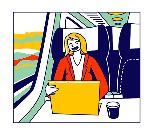 Business Trip, Working Transportation, Vip Transport Concept. Businesswoman Character Sitting in Bus at Comfortable Seat with Laptop and Coffee Cup Driving to Working Deal. Linear Vector Illustration