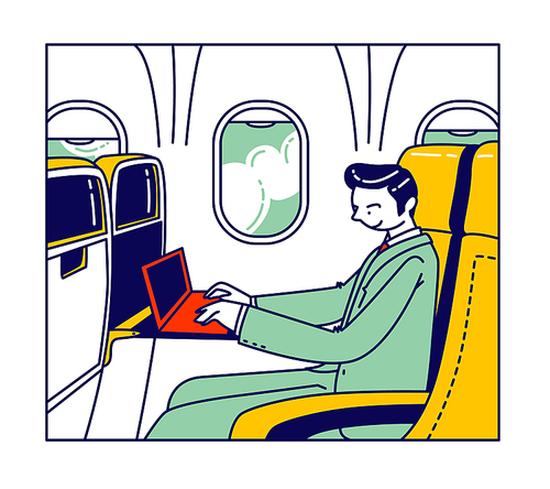 Businessman Character Sitting in Airplane Comfortable Seat with Laptop Flying to Working Deals on Air Transport. Manager Business Trip, Working Transportation Concept. Linear Vector Illustration
