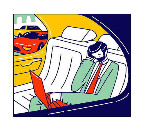 Vip Transport, Business Trip, Working Transportation Concept. Businessman Character with Smartphone Sitting in Luxury Comfortable Car Work on Laptop Driving to Working Deal. Linear Vector Illustration