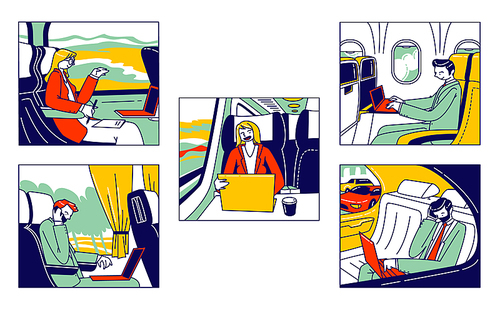 Set of Businesspeople Characters Driving to Business Trip on Different Transport Bus, Airplane and Luxury Car. People Work on Laptop and Speak Mobile during Transportation. Linear Vector Illustration
