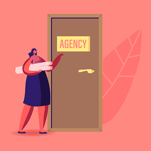 Recruitment, Job Hiring and Interview Concept. Unemployed Woman Searching Work. Girl Applicant Character with Project or Cv in Hand Knocking Agency Office Door to Enter. Cartoon Vector Illustration