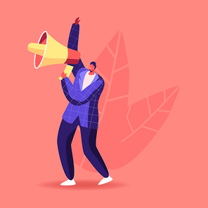 Hiring Manager Male Character Searching for Employee to Hire on Job Using Loudspeaker. Human Resource, Social Media Presentation for Employment. Recruiting, Head Hunting. Cartoon Vector Illustration