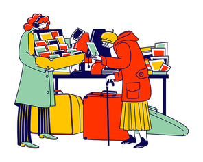 Senior Lady Look Vintage Postcards on Flea Market. Aged Character Shopping on Garage Sale Choose and Buy Old Antique Things. Seller Offer Second Hand Stuff to Client. Linear People Vector Illustration