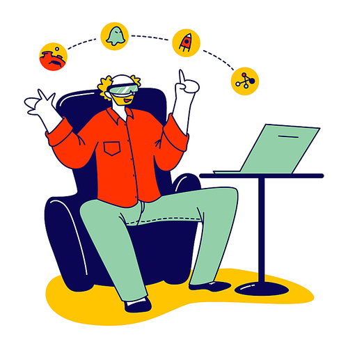 Virtual and Augmented Reality Concept. Male Character in Vr Goggles Touch Interactive Interface for Working and Online Studying. Futuristic Education Entertaining, Learning. Linear Vector Illustration