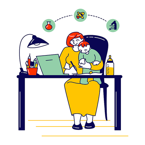 Female Character with Little Baby on Hands Sitting at Desk with Laptop Studying Online. Mother Learning Homework Gaining Distant Education in University or College. Linear People Vector Illustration