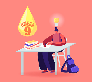 Girl Student Sitting at Desk and Studying with Glowing Light Bulb over Head and Droplet of Omega 9 Oil above. Woman Applying Natural Supplements for Health and Mind. Cartoon Flat Vector Illustration