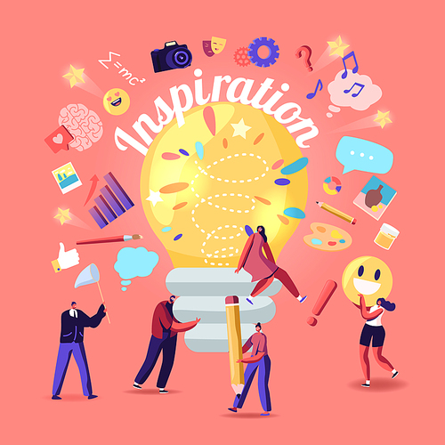 Inspiration, Creative Idea Concept. Tiny Characters around Huge Illuminated Light Bulb, Woman Sitting on Lamp. Team Searching New Insights for Project Development. Cartoon People Vector Illustration