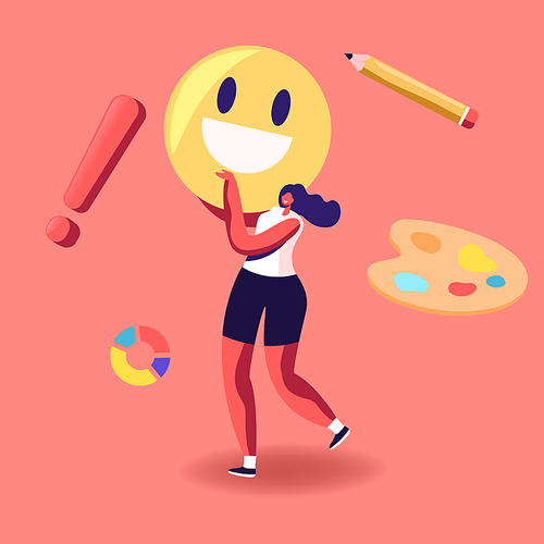 Talented Artist Female Character with Paints Palette and Huge Smile in Searching for Painting Inspiration. Creative Hobby, Drawing Inspirational Recreation, Art Class. Cartoon Vector Illustration