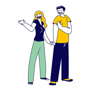 Male and Female Characters Holding Hands Making Follow Me Gesture. Followers Attraction, Internet Society Trend, Invitation for Social Media Blog, Youth Movement. Linear People Vector Illustration