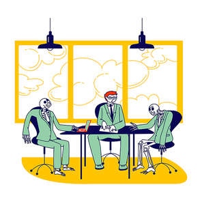 Board Meeting and Negotiation Concept. Business Leader Character and Skeletons Managers Sitting at Office Desk with Laptops Having Working Discussion. Workaholics at Job. Linear Vector Illustration